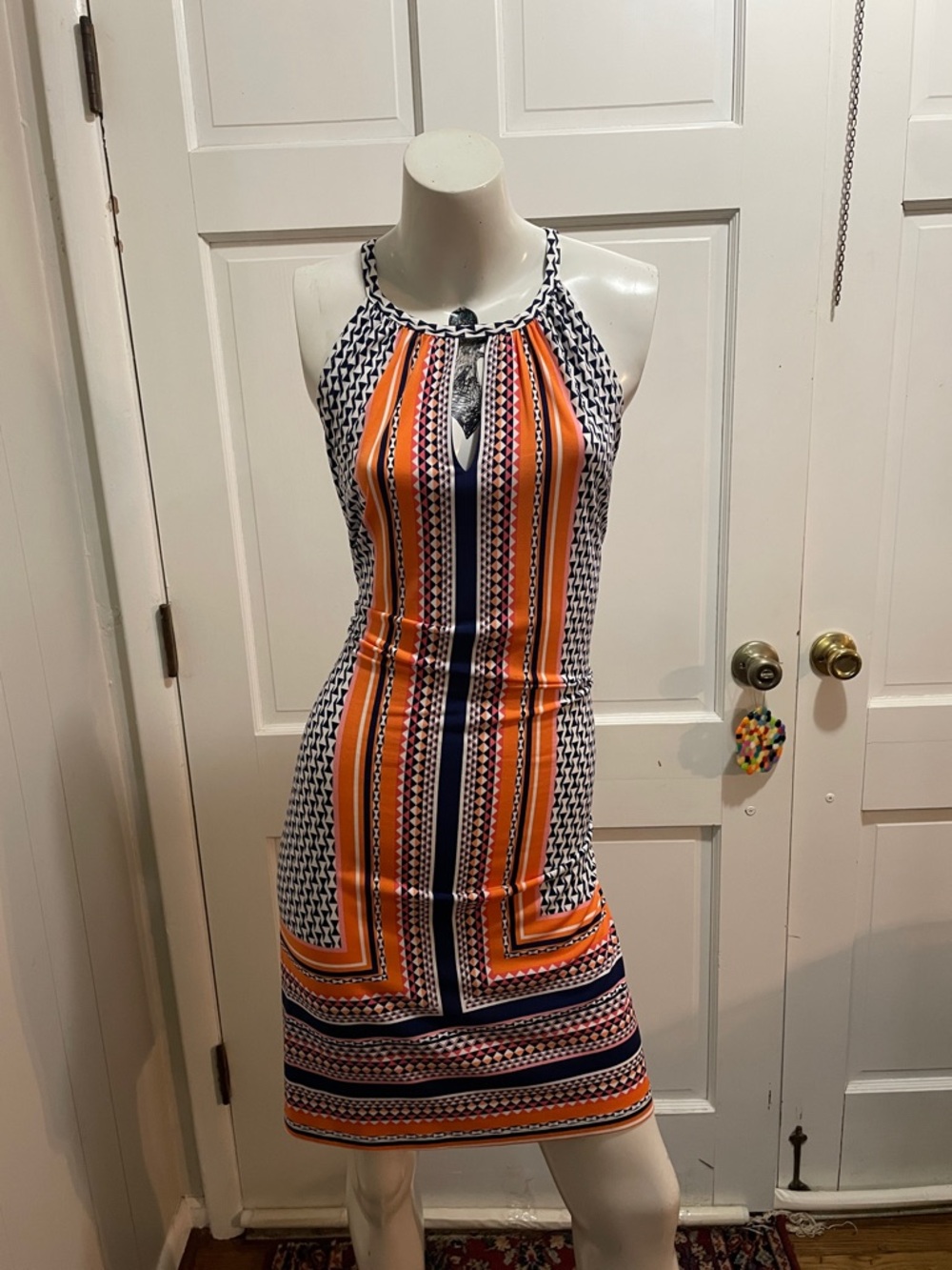 London Times Orange and Navy Striped Halter Dress